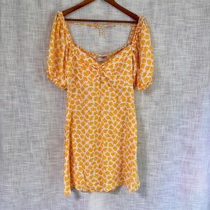 Faithfull The Brand Yellow White Floral Smocked Puff Sleeve Mini Dress Sz 10